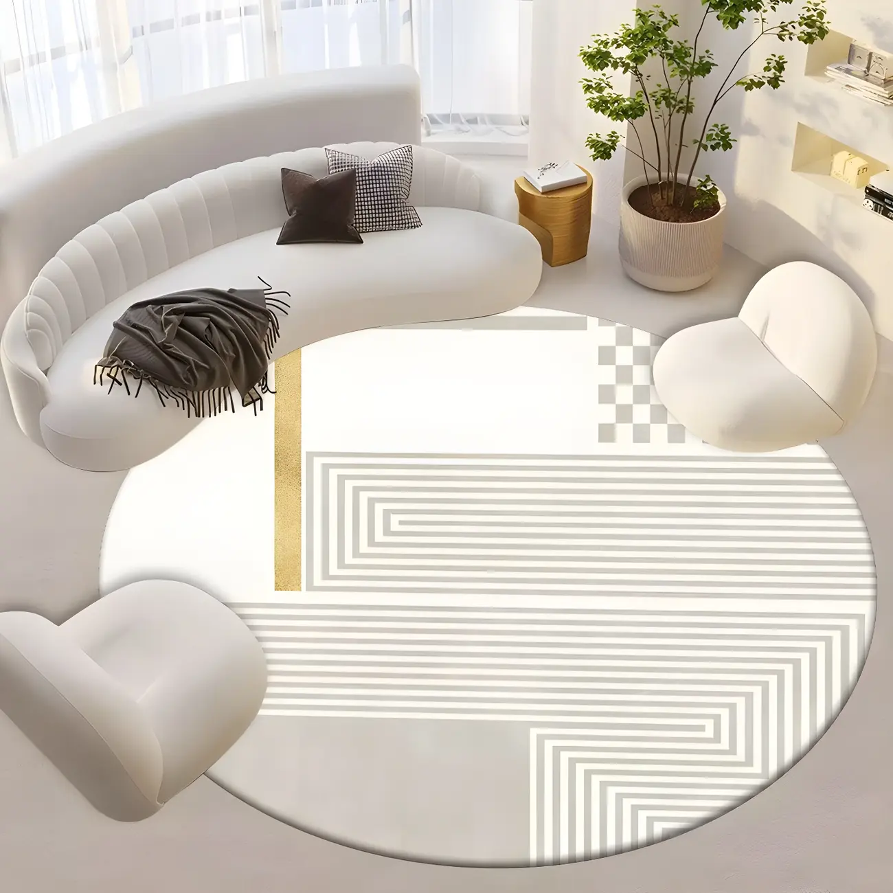 Indoor Minimalist Round Polyester Striped Area Rug Image - 1 | homeyfad