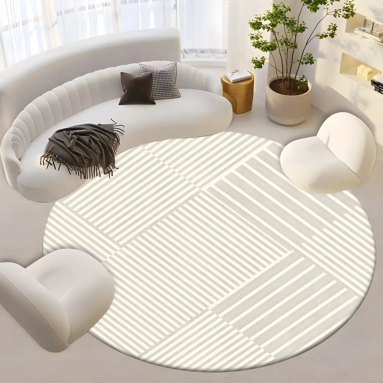 Indoor Minimalist Round Polyester Striped Area Rug Image - 2 | homeyfad