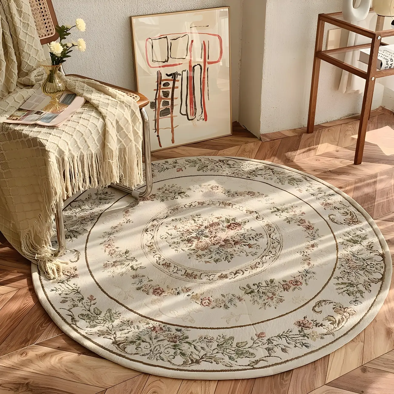 Modern Floral Polyester Round Area Rug in White Image - 1 | homeyfad