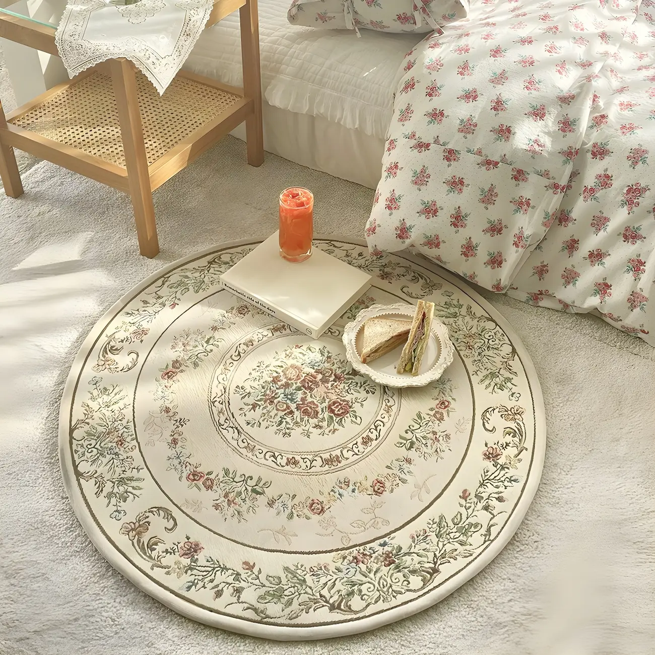 Modern Floral Polyester Round Area Rug in White Image - 2 | homeyfad