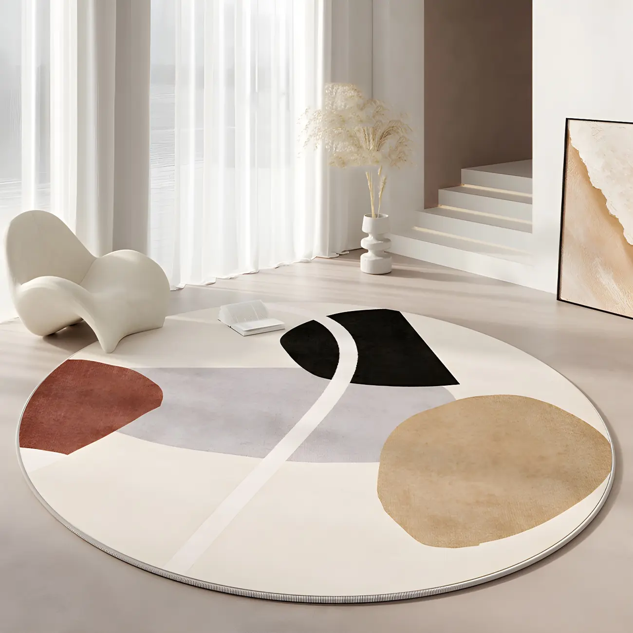Living Room Polyester Color Block Round Area Rug Image - 1 | homeyfad
