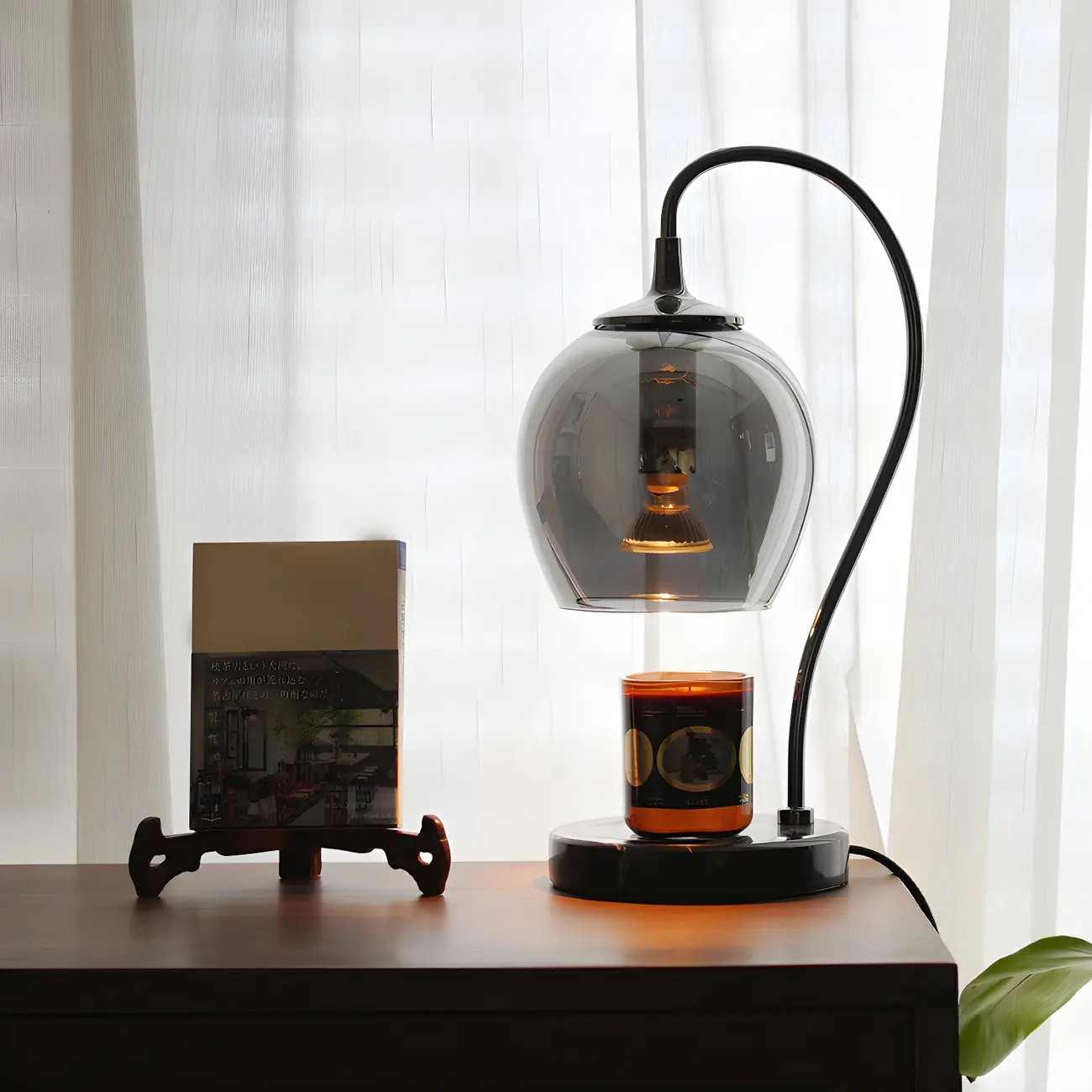 Modern Black Metal Glass Globe Table Lamp with Cup Holder Base Image - 2 | homeyfad