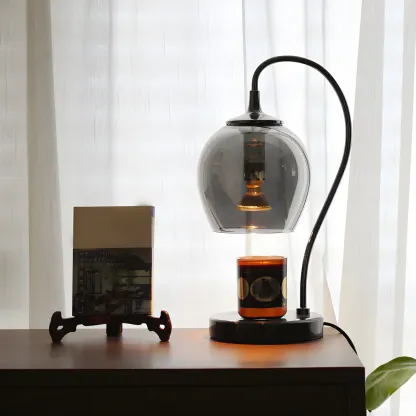 Modern Black Metal Glass Globe Table Lamp with Cup Holder Base Image - 2