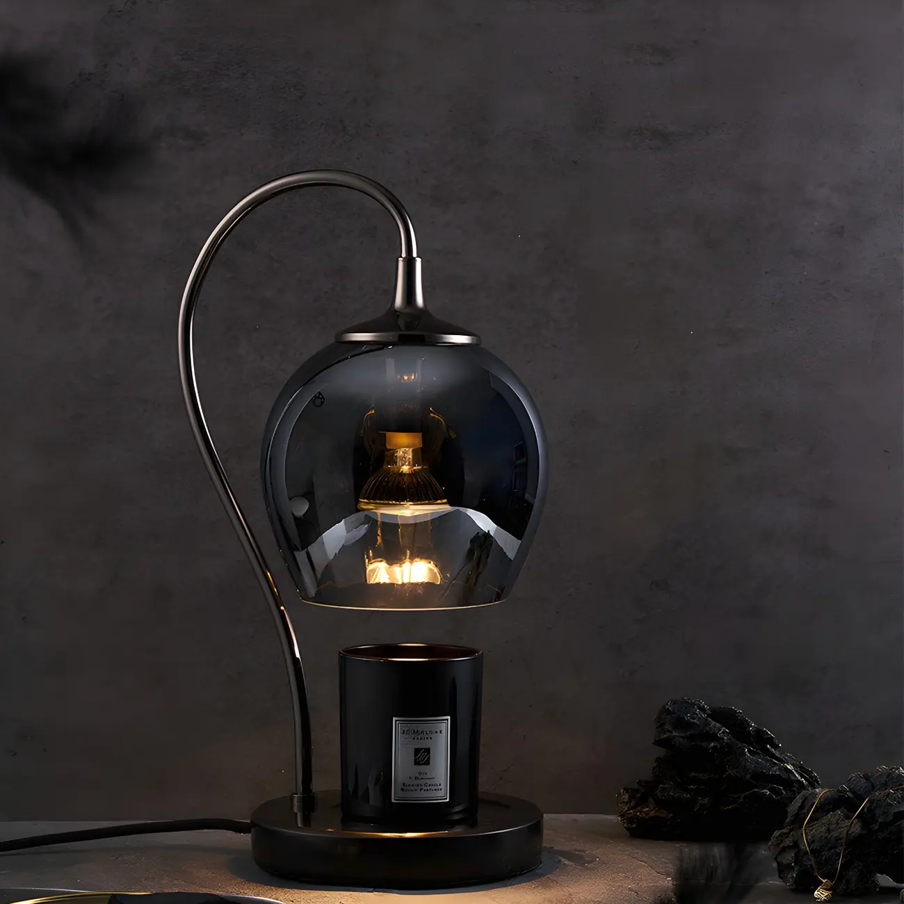 Modern Black Metal Glass Globe Table Lamp with Cup Holder Base Image - 3 | homeyfad