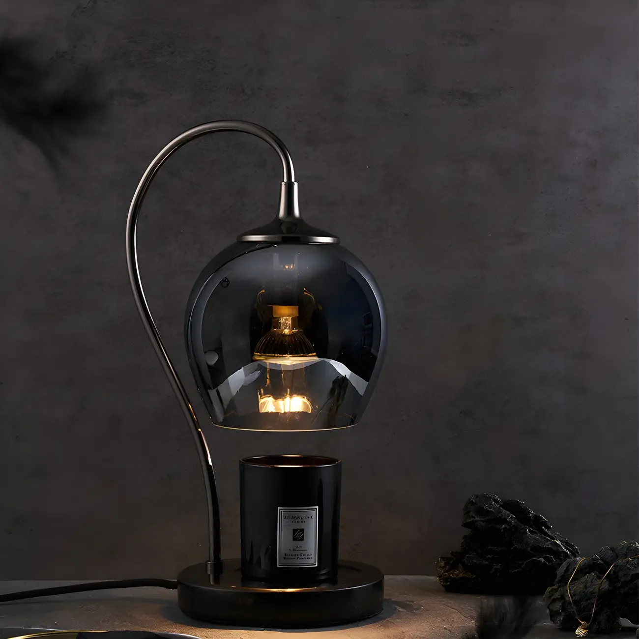 Modern Black Metal Glass Globe Table Lamp with Cup Holder Base Image - 3