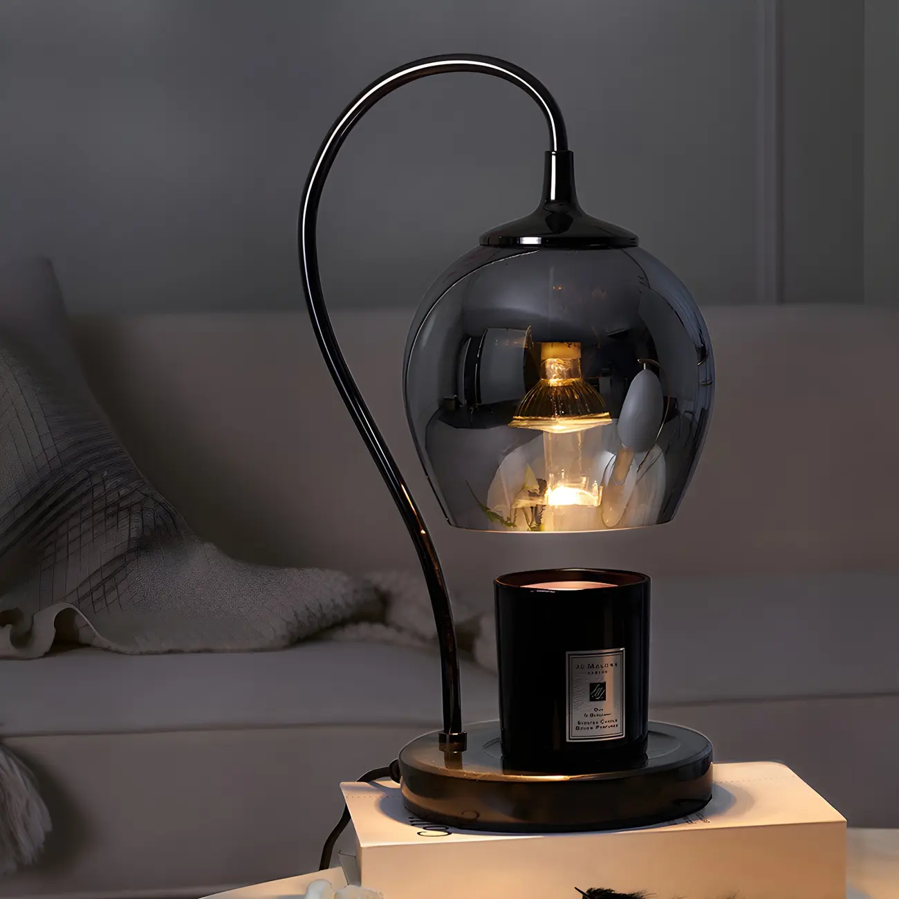 Modern Black Metal Glass Globe Table Lamp with Cup Holder Base Image - 4 | homeyfad