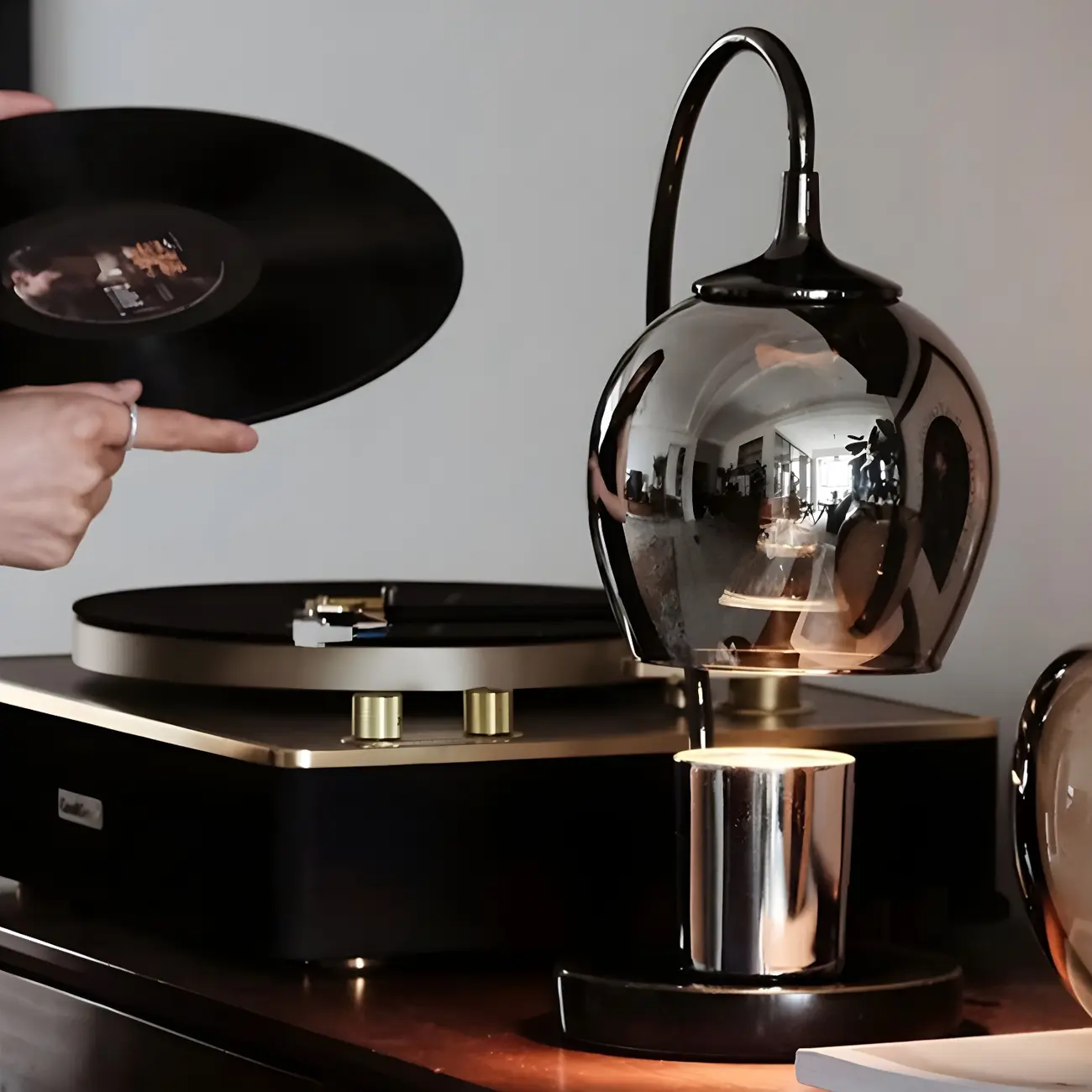 Modern Black Metal Glass Globe Table Lamp with Cup Holder Base Image - 10 | homeyfad