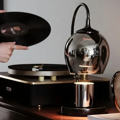 Modern Black Metal Glass Globe Table Lamp with Cup Holder Base Image - 10