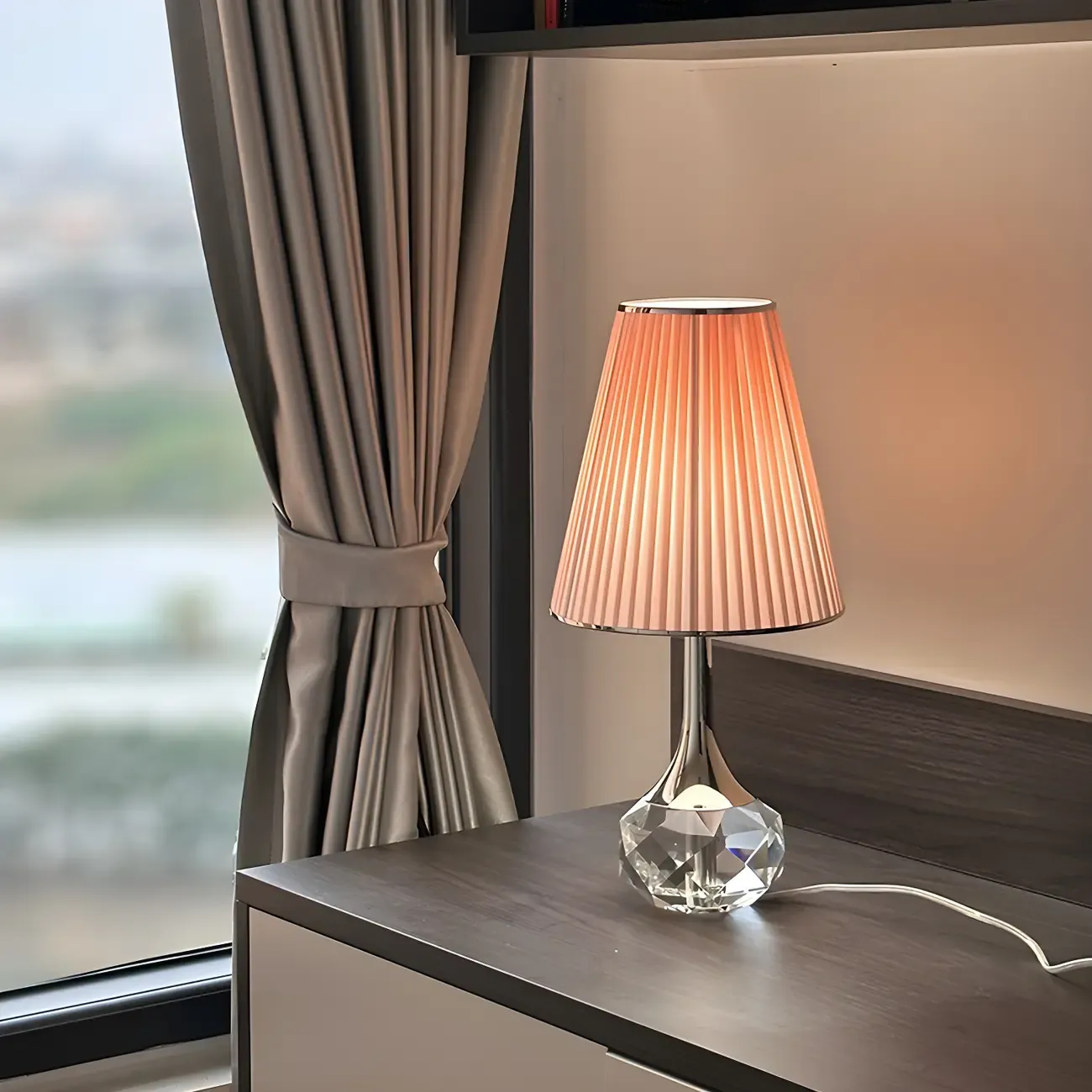 Elegant Pleated Shade Crystal Table Lamp for Living Room Image - 4