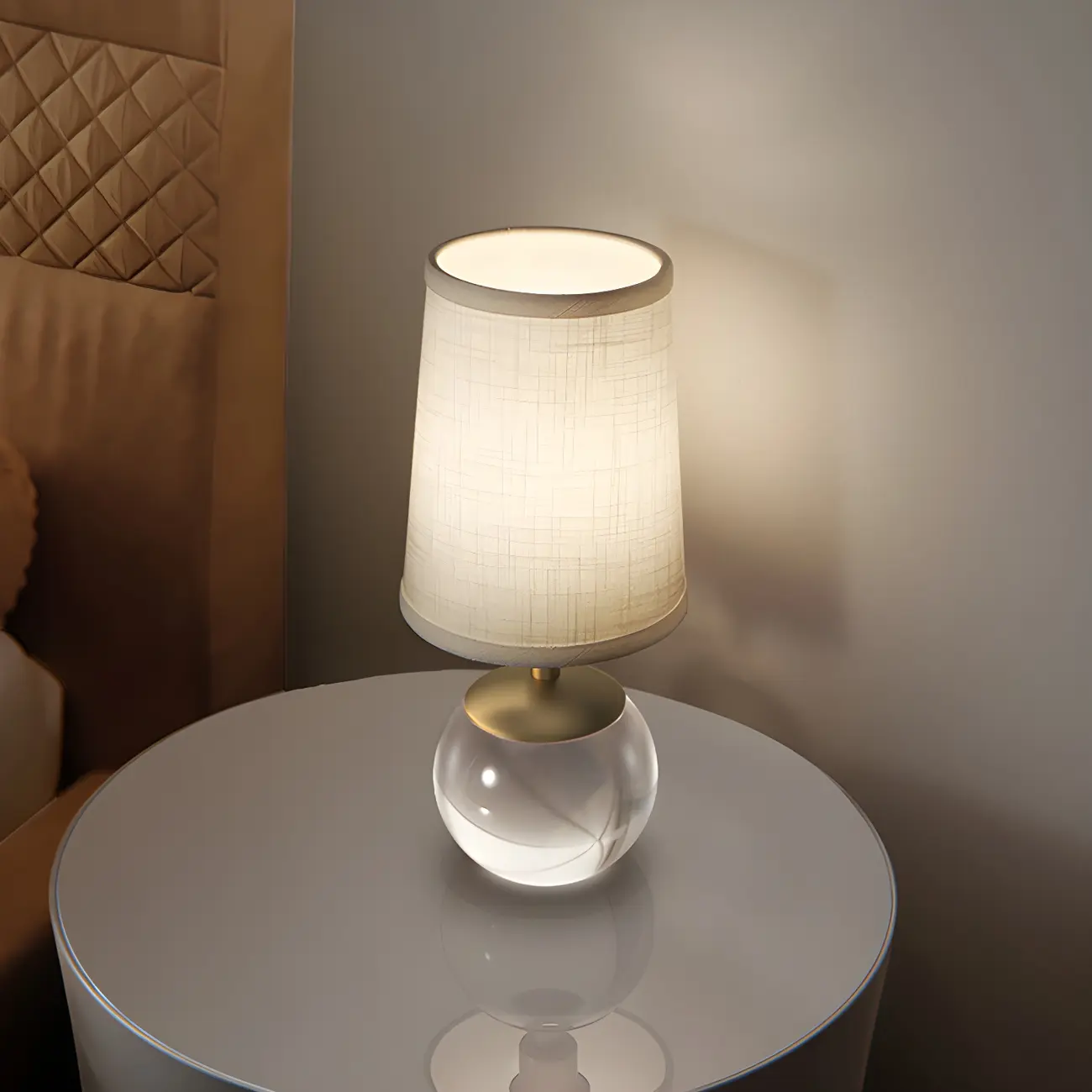 Elegant Clear Glass Bedside Lamp White Geomatric Shade Image - 10 | homeyfad