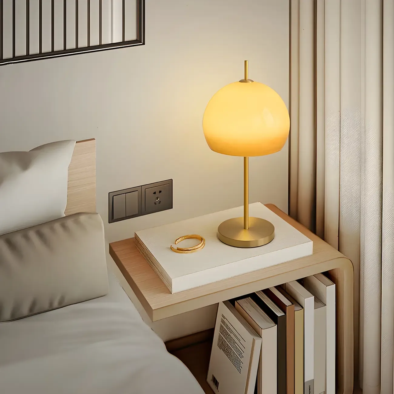 Nordic Orange Glass Dome Gold Bedside Lamp Image - 2