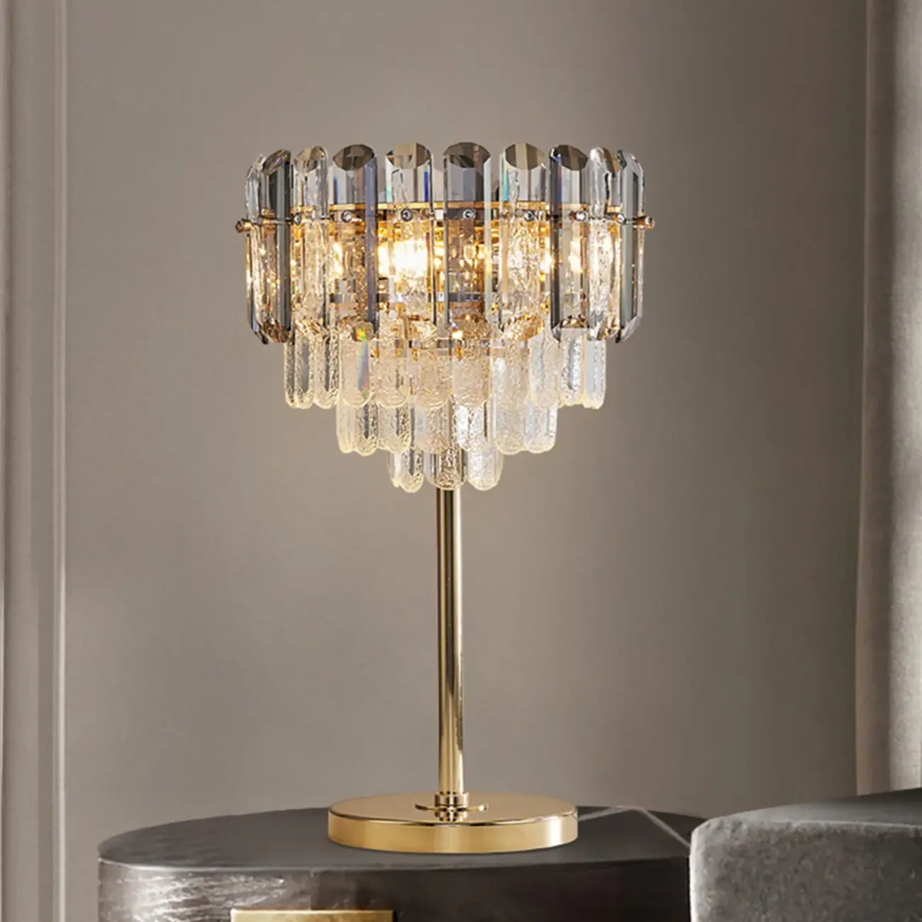 Glamorous Geometric Crystal Table Lamp Golden for Living Room Image - 1