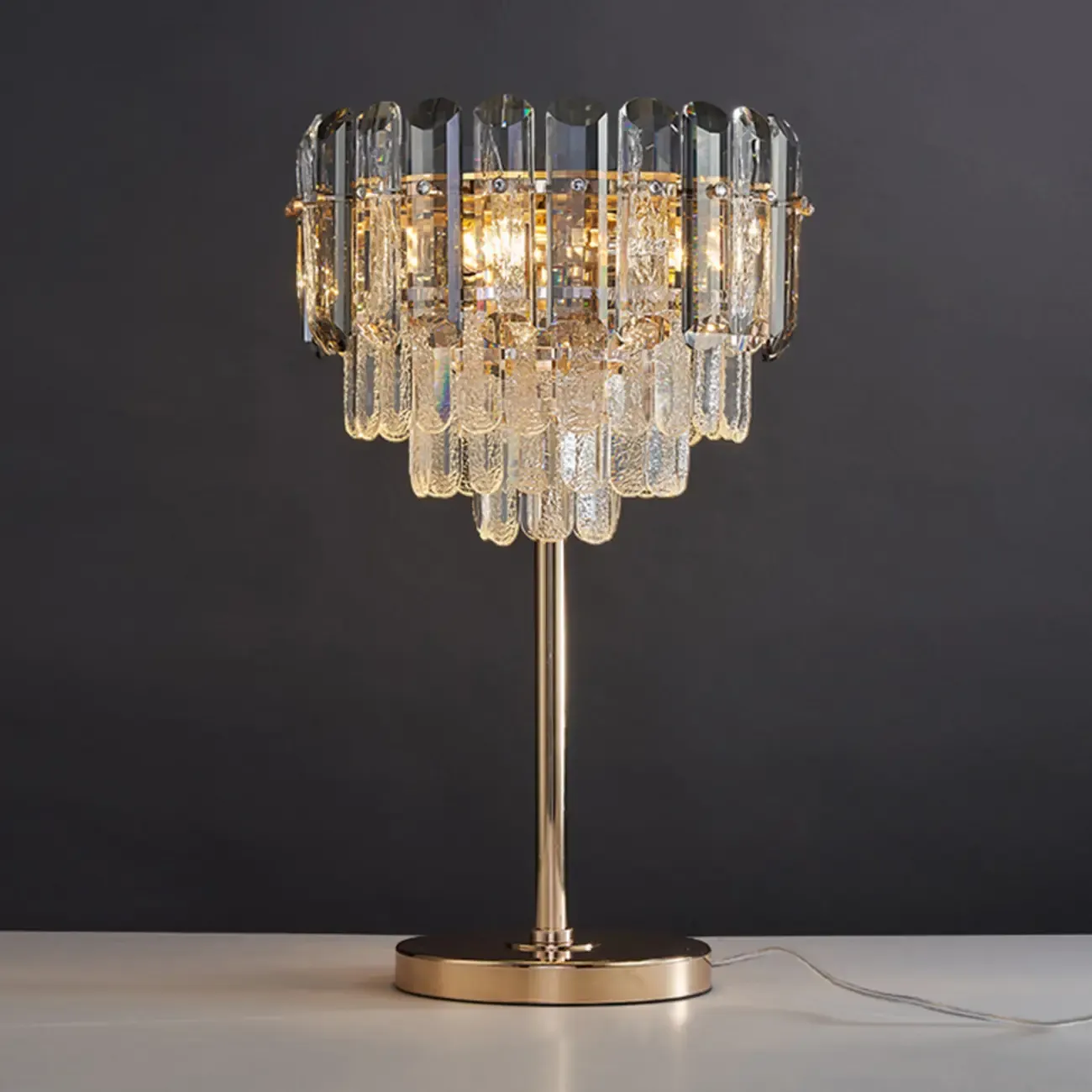 Glamorous Geometric Crystal Table Lamp Golden for Living Room Image - 2