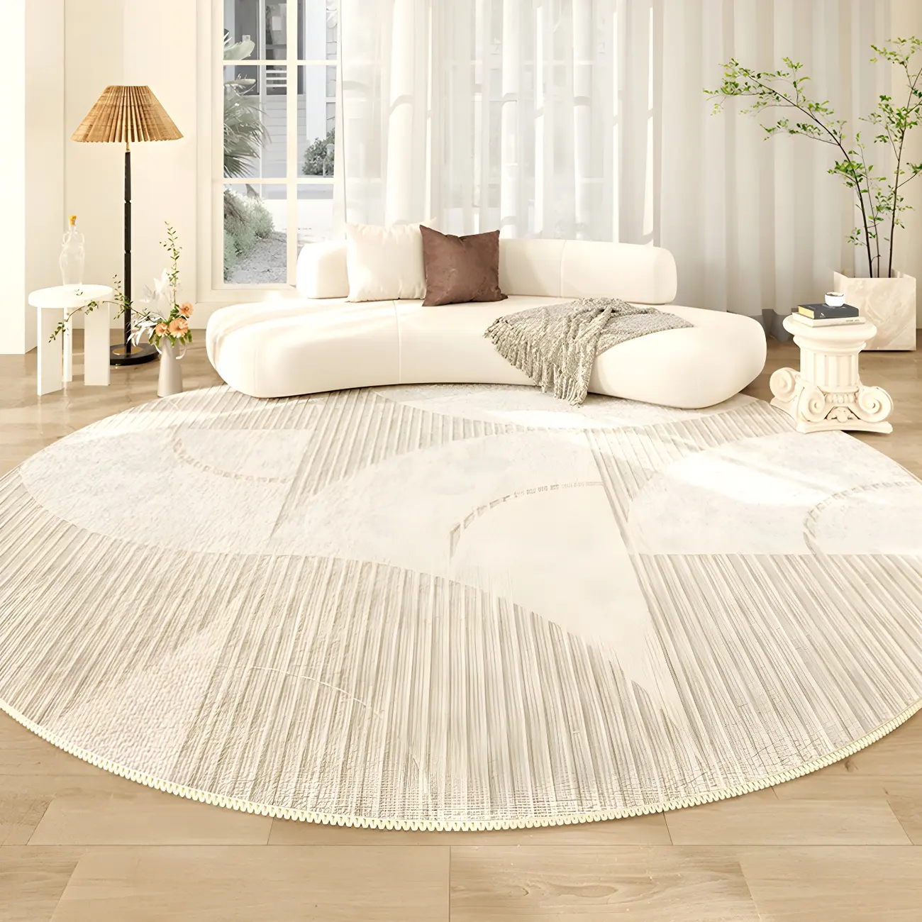 Indoor Anti-Slip Polyester Striped Round Area Rug Image - 2 | homeyfad
