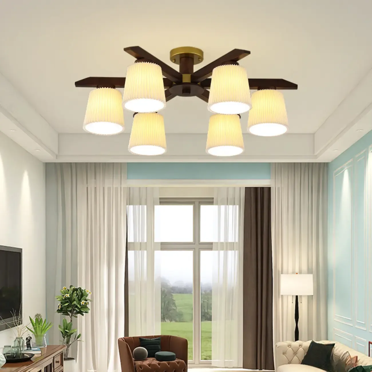 Cylinder Indoor Semi Flush Ceiling Light with Fabric Shade  Image - 1