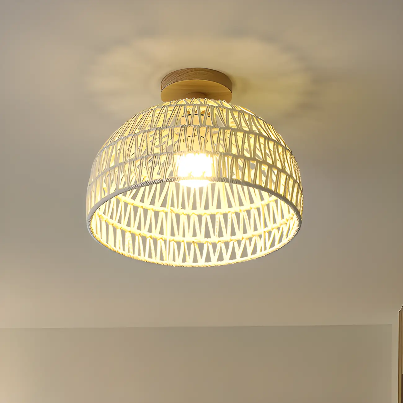 Natural Finish Semi Flush Ceiling Light with Rope Dome Shade | homeyfad