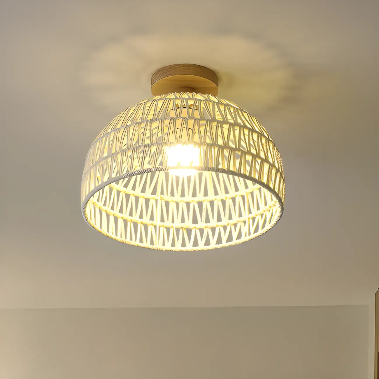 Natural Finish Semi Flush Ceiling Light with Rope Dome Shade | HomeyFad	