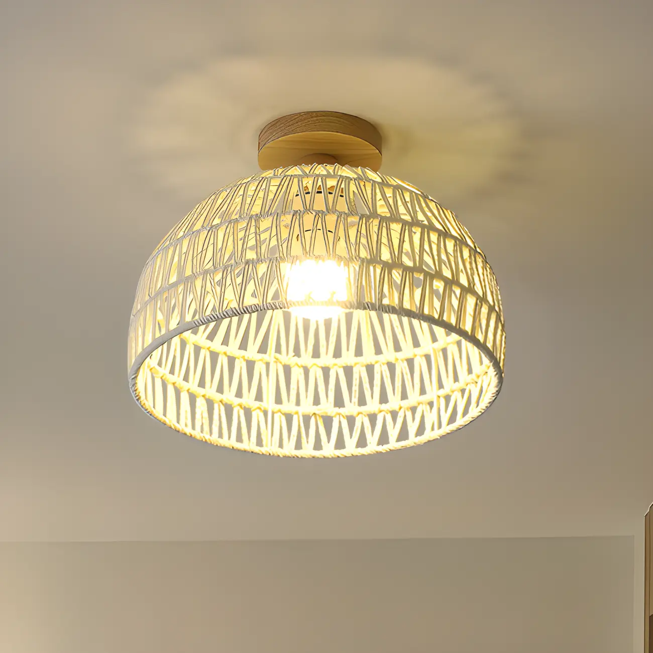 Natural Finish Semi Flush Ceiling Light with Rope Dome Shade | homeyfad