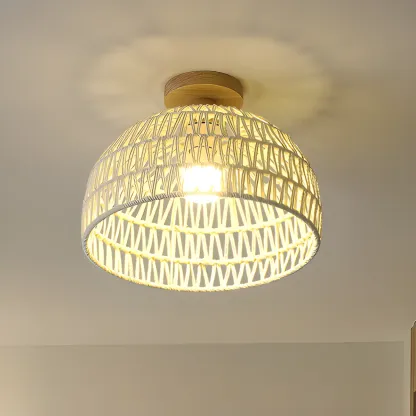 Natural Finish Semi Flush Ceiling Light with Rope Dome Shade