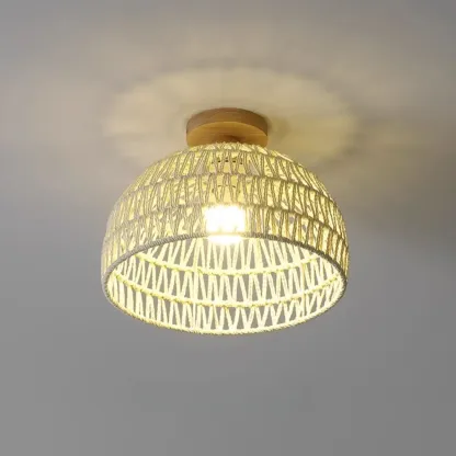 Natural Finish Semi Flush Ceiling Light with Rope Dome Shade Image - 7