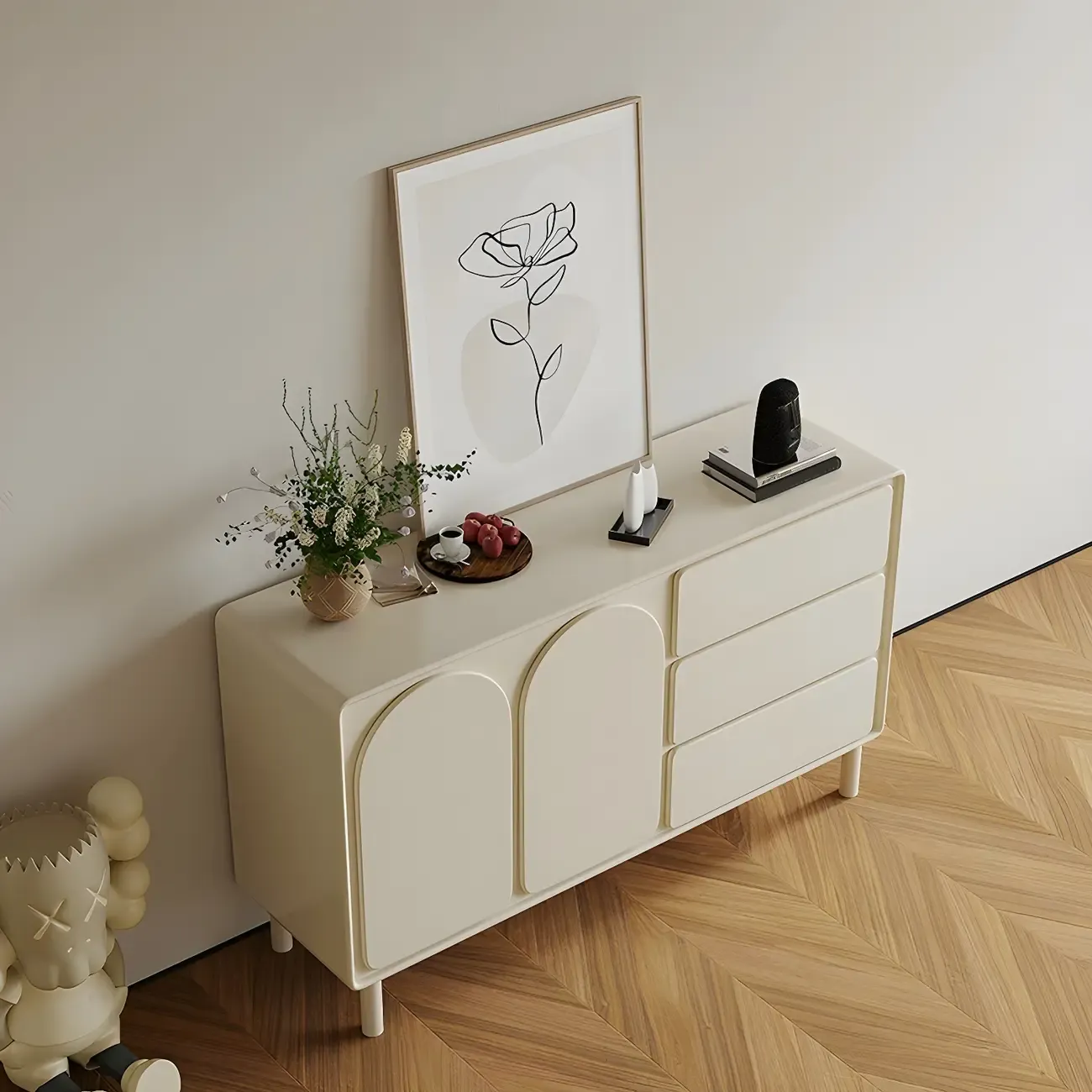 Durable Off-White Wooden Combo Dresser with Shelves for Home Image - 6