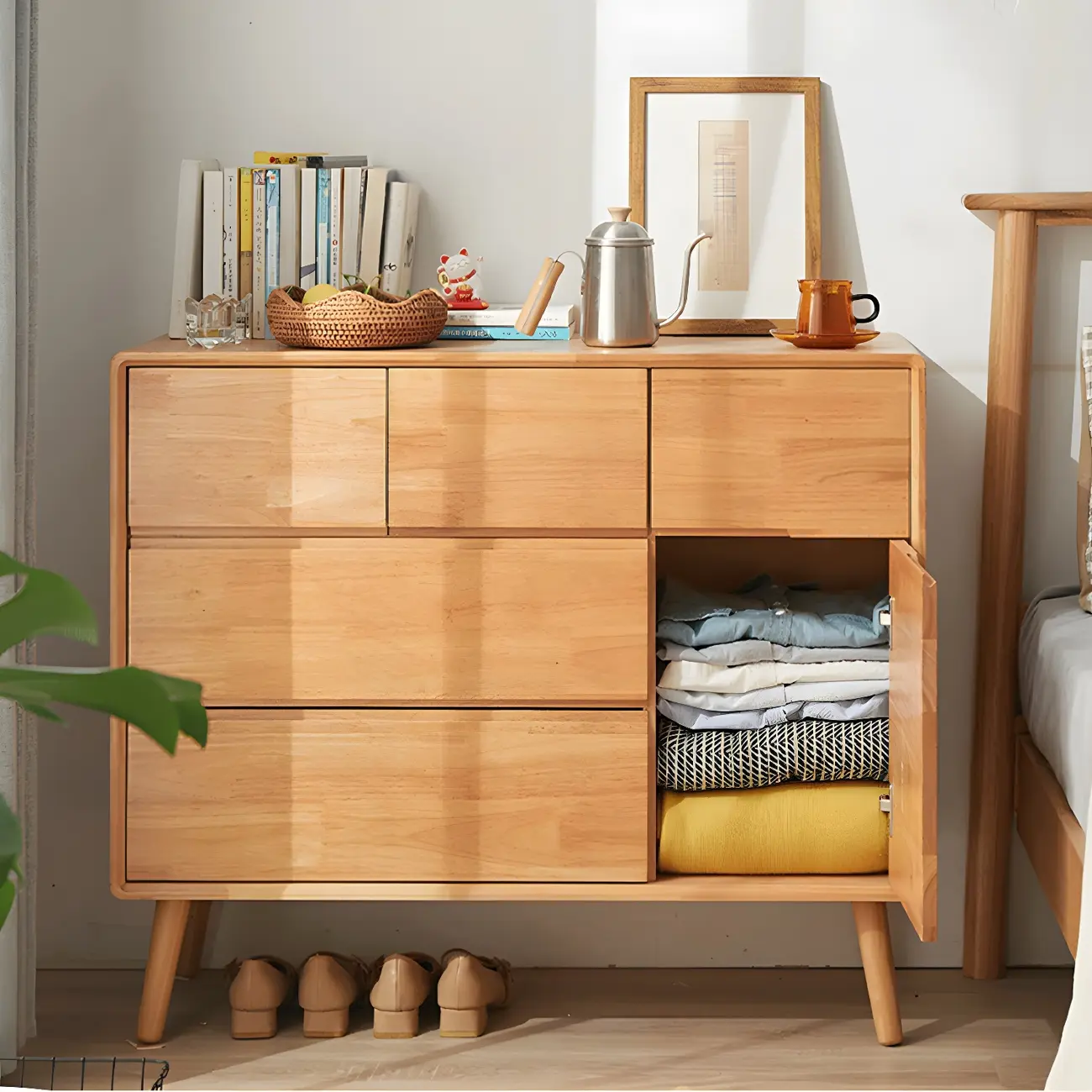 Retro Natural Wood Combo Dresser with Cabinets and Shelves Image - 1 | homeyfad