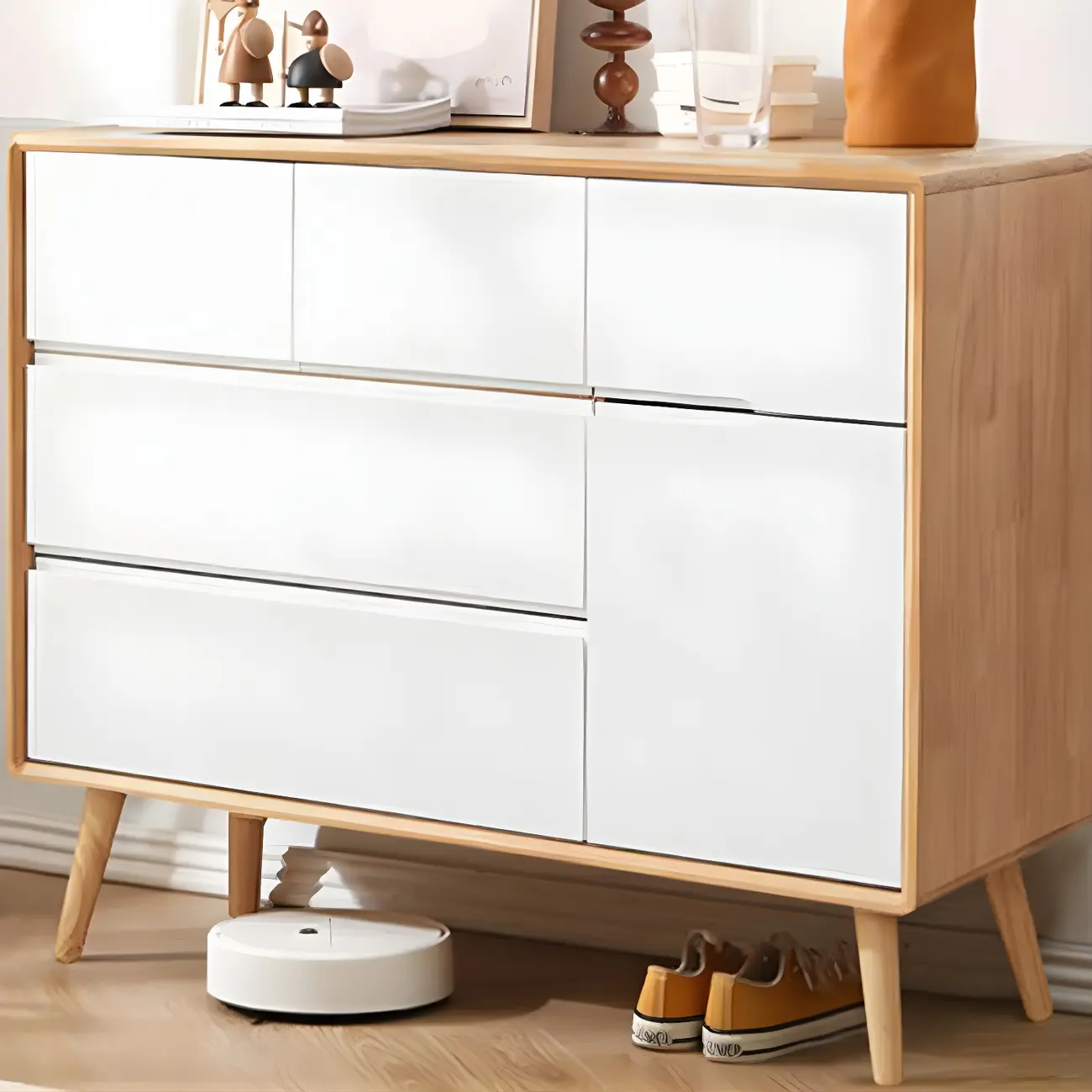 Retro Natural Wood Combo Dresser with Cabinets and Shelves Image - 24 | homeyfad