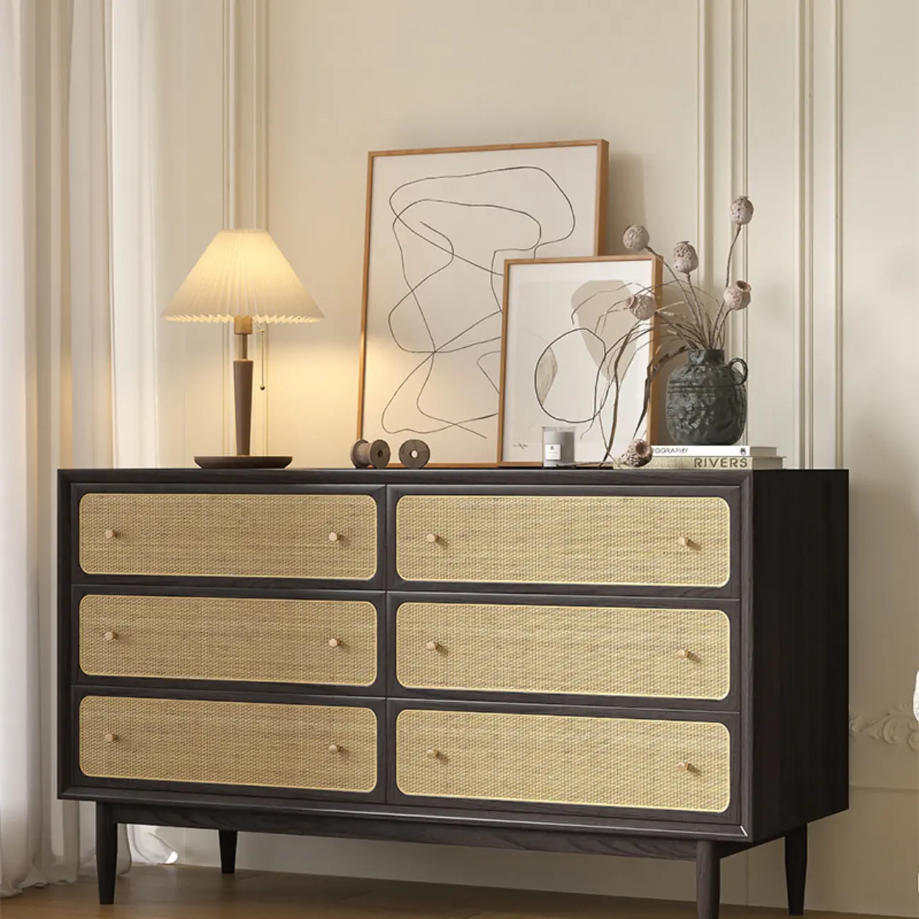 Tropical Wooden Dresser with Drawers and Gold Handles for Home Image - 1 | homeyfad