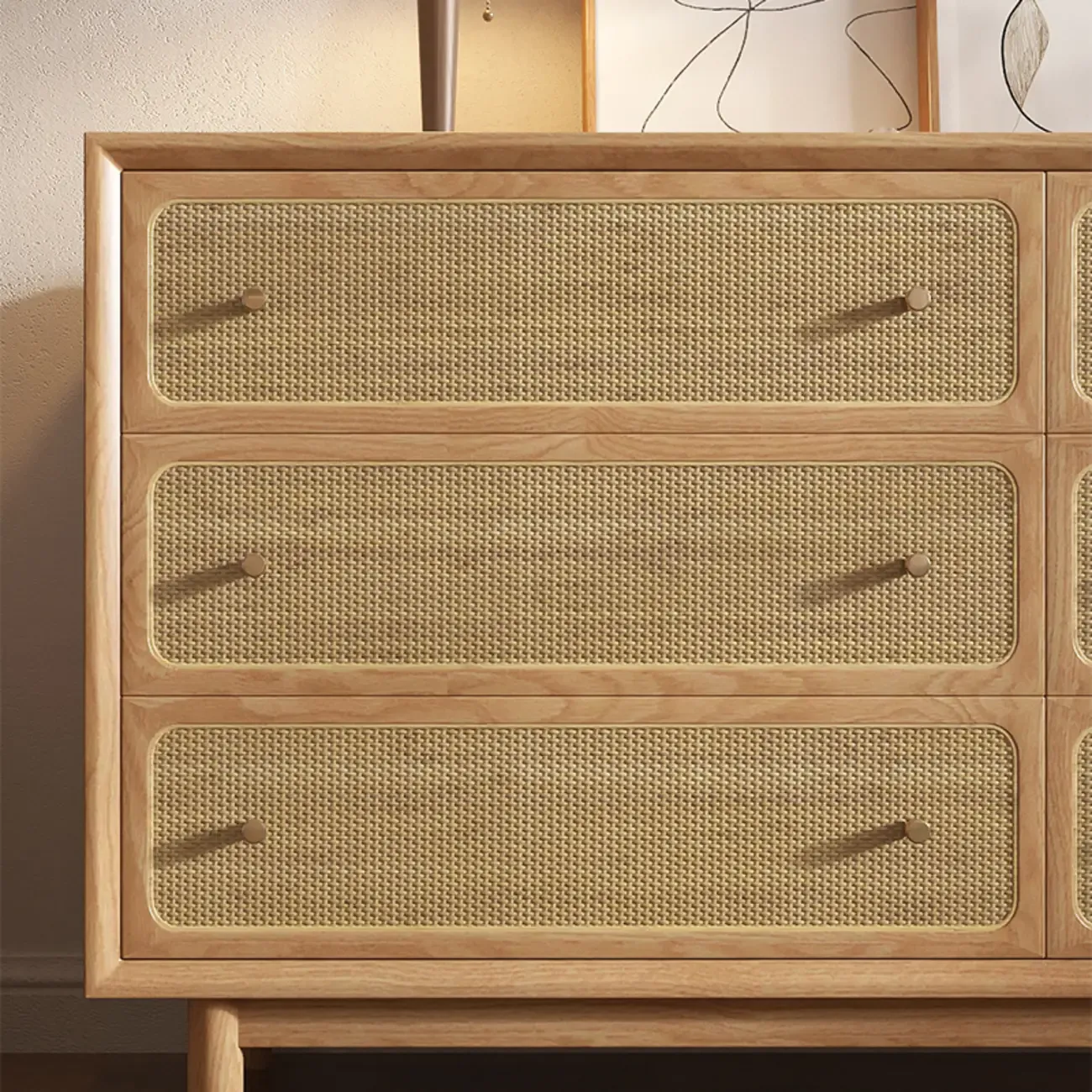 Tropical Wooden Dresser with Drawers and Gold Handles for Home Image - 12