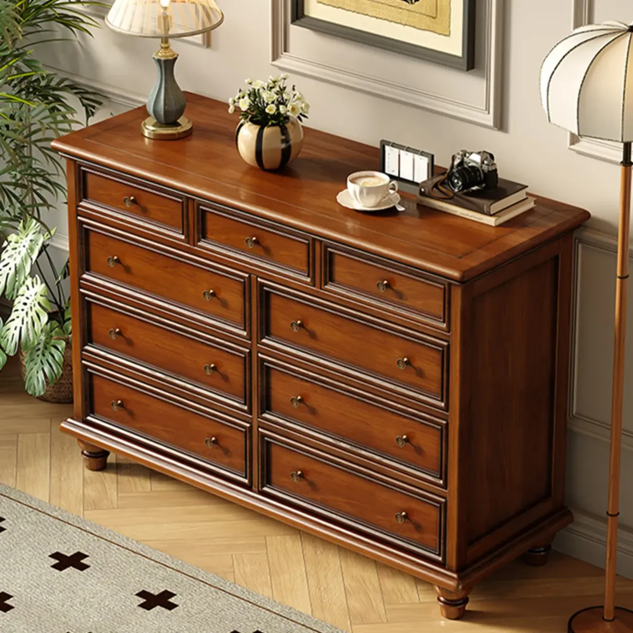 Vintage Brown Wooden Double Dresser with 9-Drawers for Bedroom Image - 1