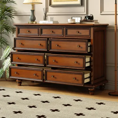 Vintage Brown Wooden Double Dresser with 9-Drawers for Bedroom Image - 2