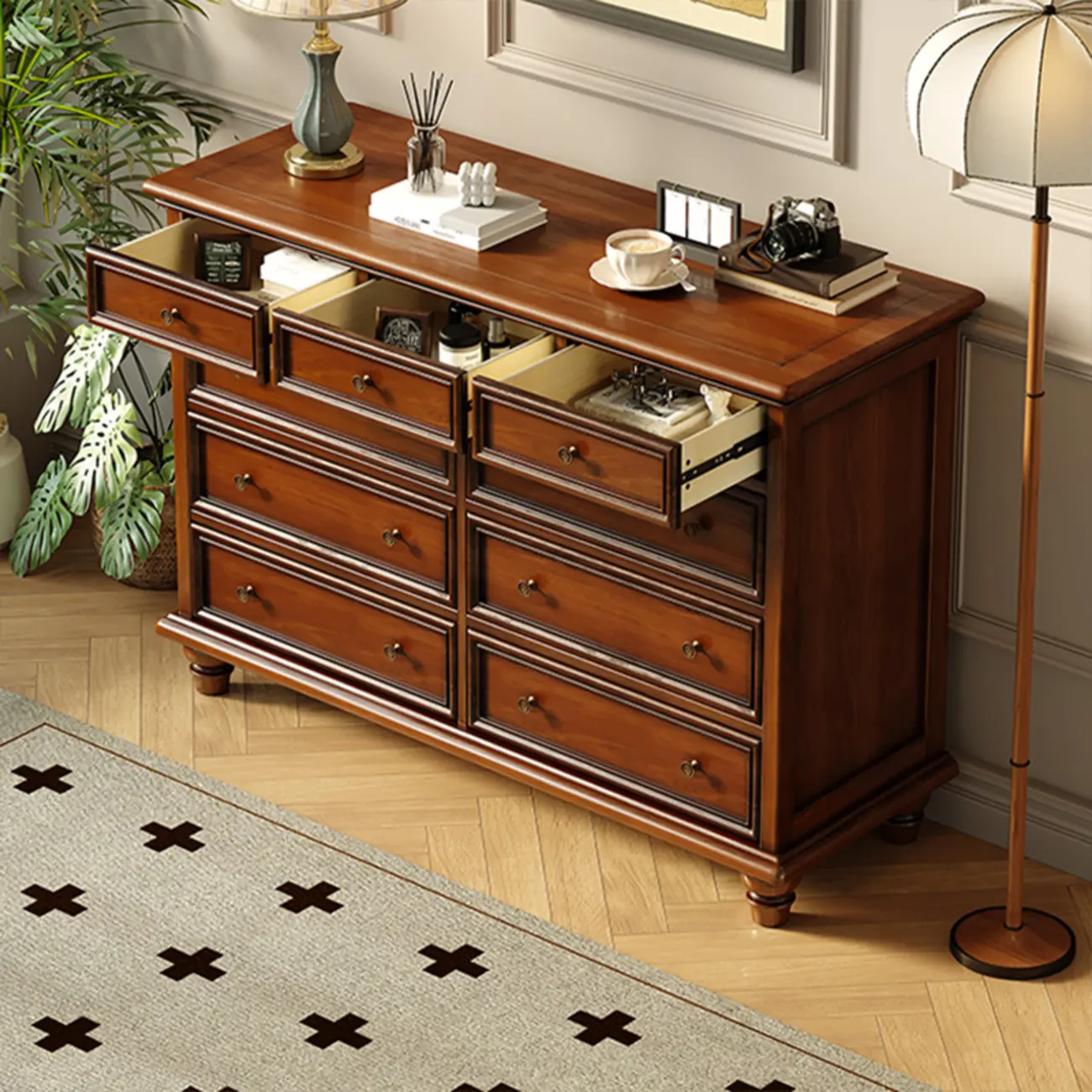 Vintage Brown Wooden Double Dresser with 9-Drawers for Bedroom Image - 3 | homeyfad