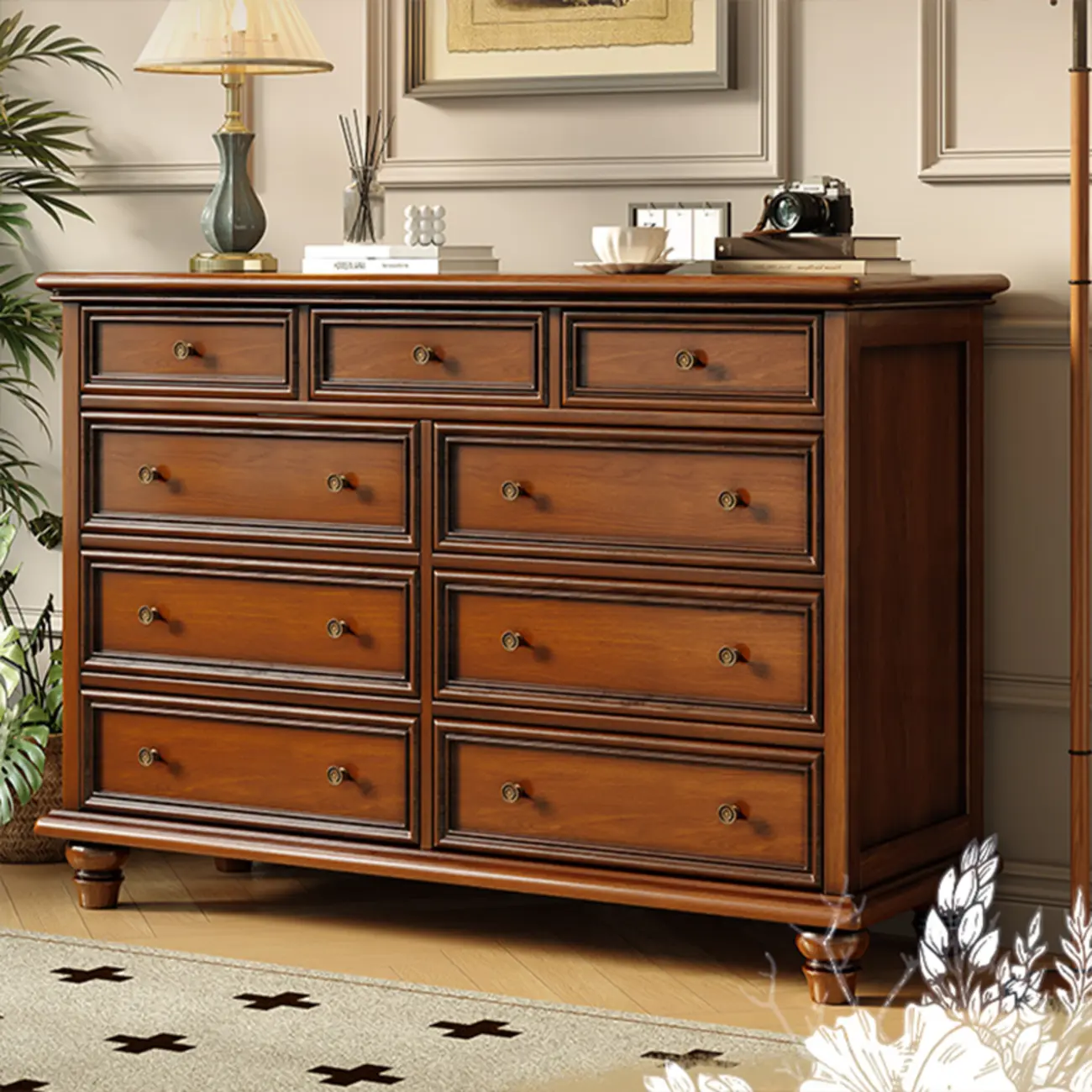 Vintage Brown Wooden Double Dresser with 9-Drawers for Bedroom Image - 4 | homeyfad