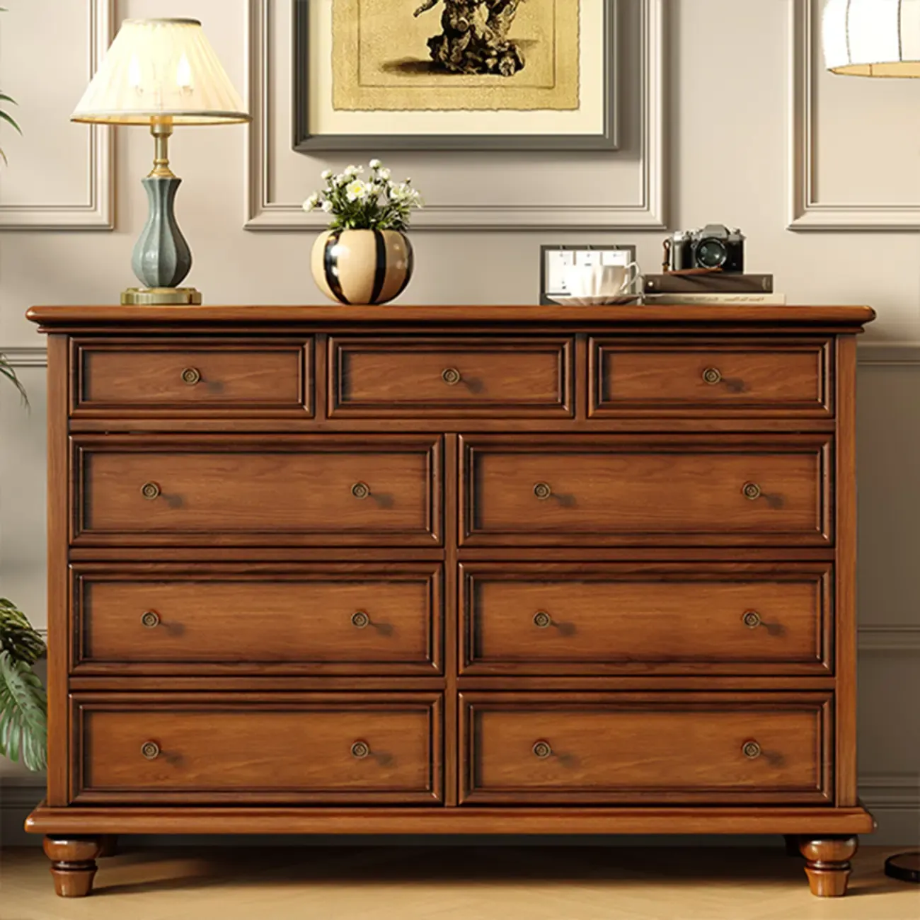 Vintage Brown Wooden Double Dresser with 9-Drawers for Bedroom Image - 5