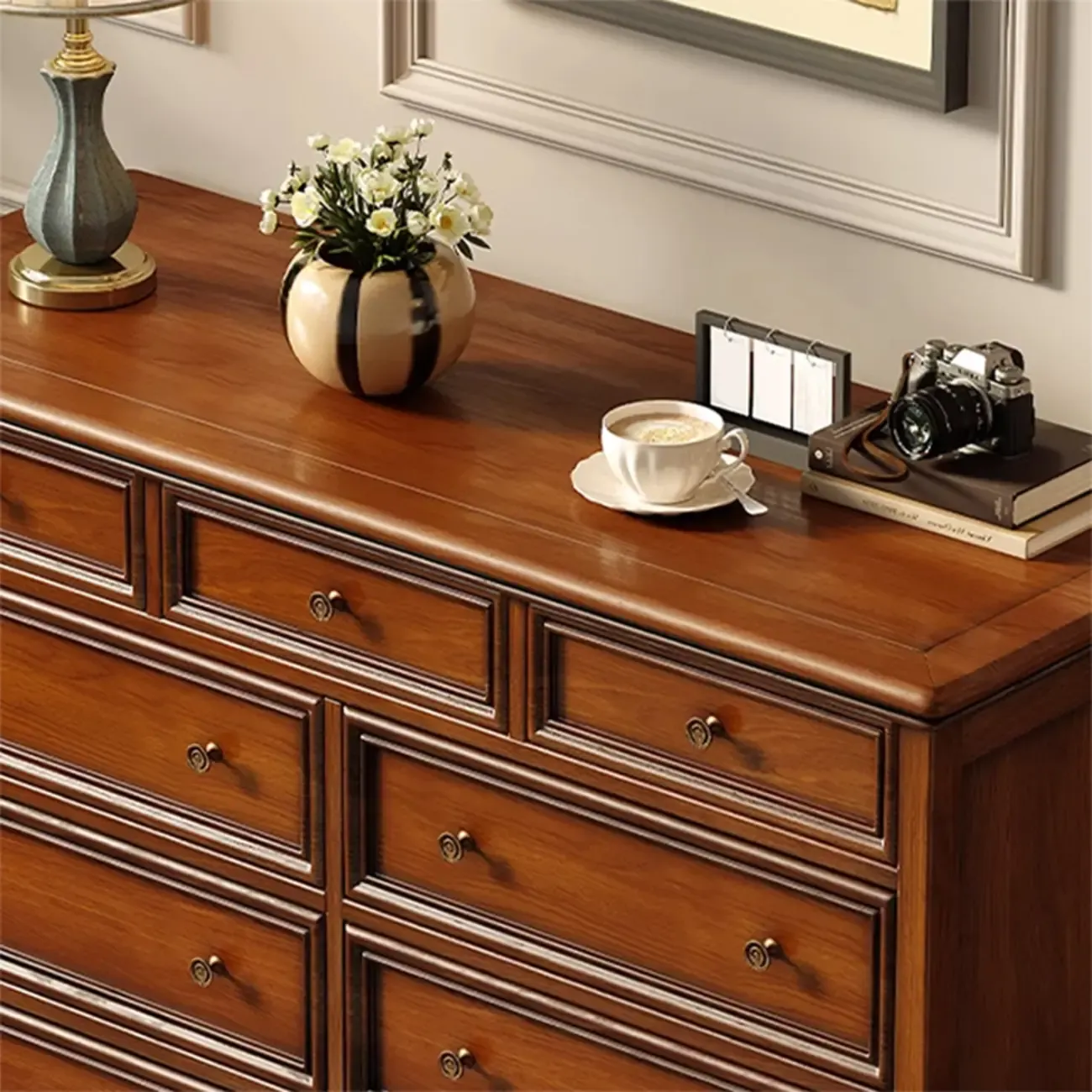 Vintage Brown Wooden Double Dresser with 9-Drawers for Bedroom Image - 7