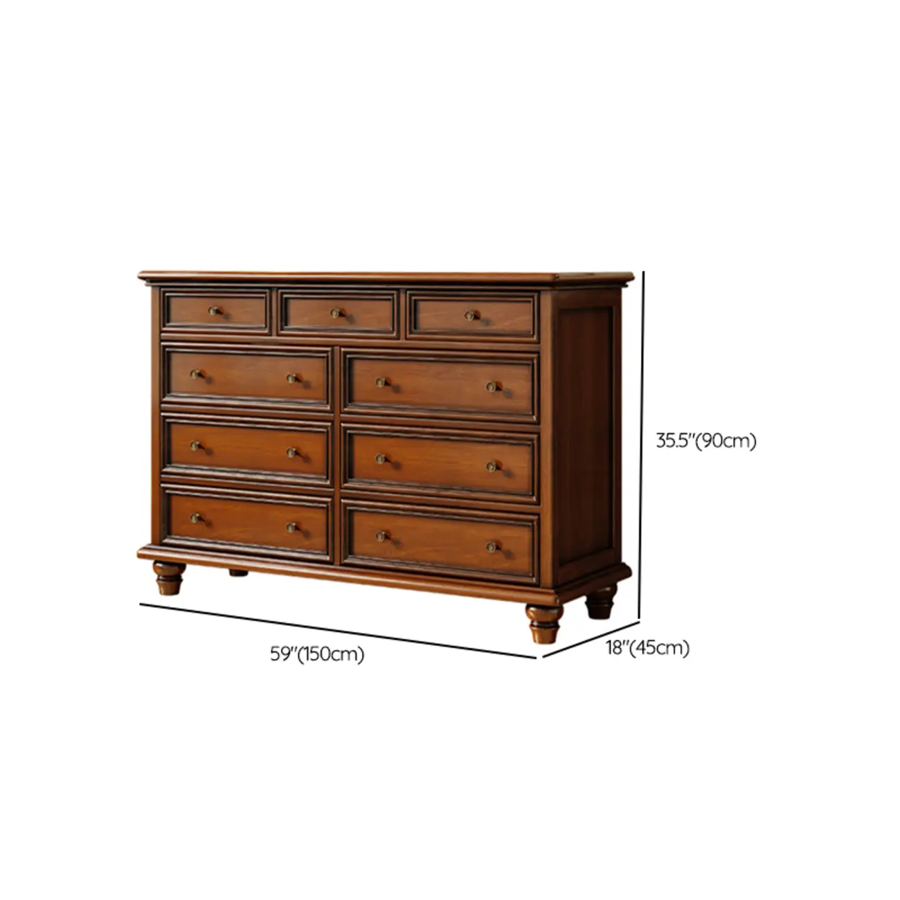 Vintage Brown Wooden Double Dresser with 9-Drawers for Bedroom #size
