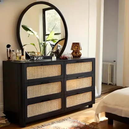 Modern Black Wooden Dresser with Mirror Vanity for Restroom Image - 1