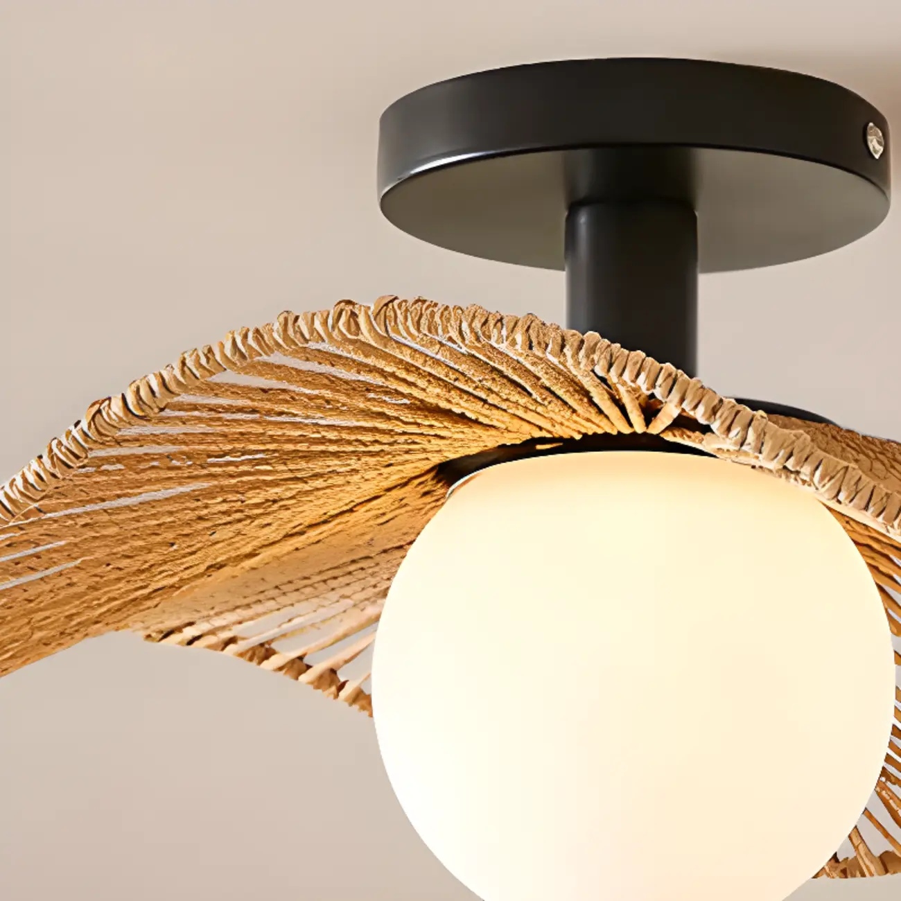 Oriental LED Semi-Flush Ceiling Light with Rattan Shade Image - 7 | homeyfad