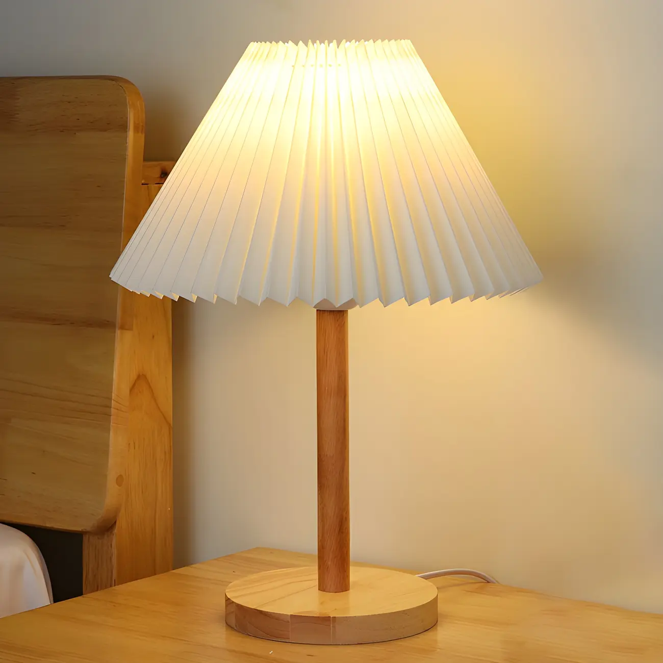 Natural Wood Table Lamp Plug In Electric LED for Bedroom Image - 1 | homeyfad
