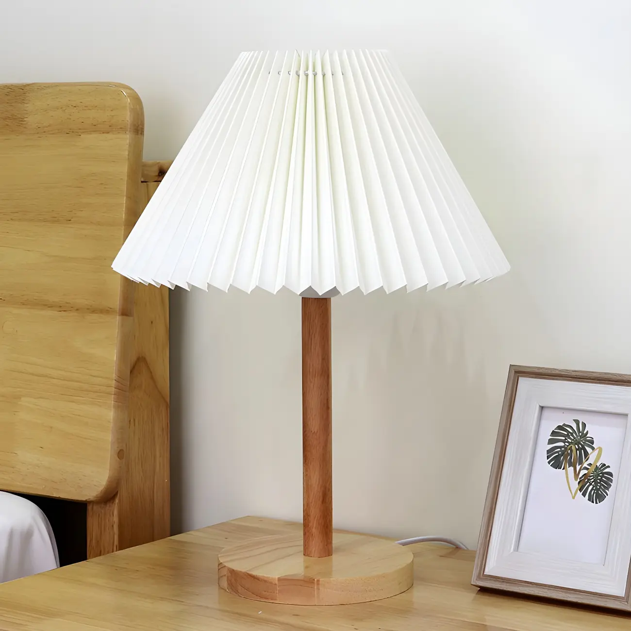Natural Wood Table Lamp Plug In Electric LED for Bedroom Image - 2 | homeyfad