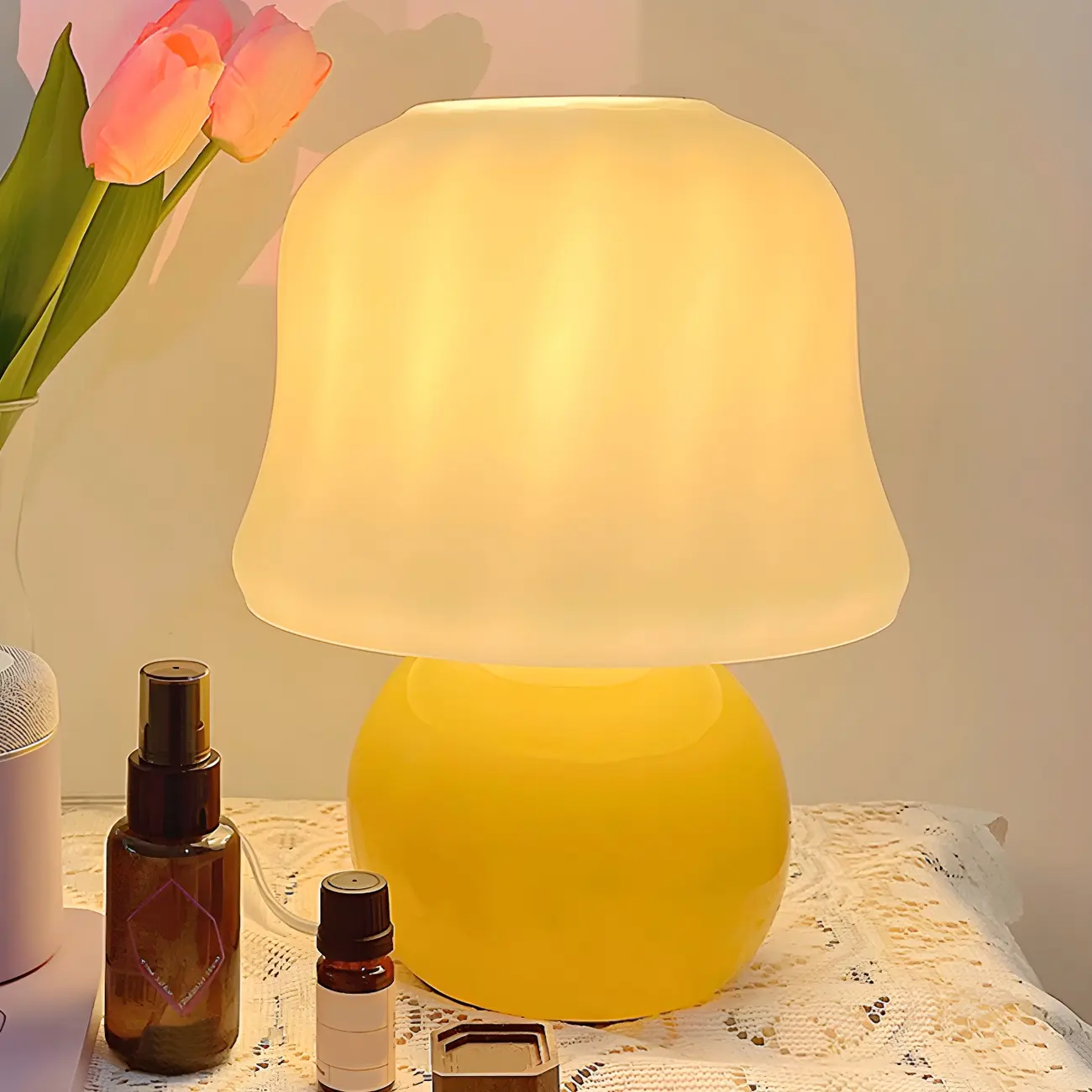 Compact Geometric Yellow Glass Bedside Lamp Plug In Electric Image - 1 | homeyfad