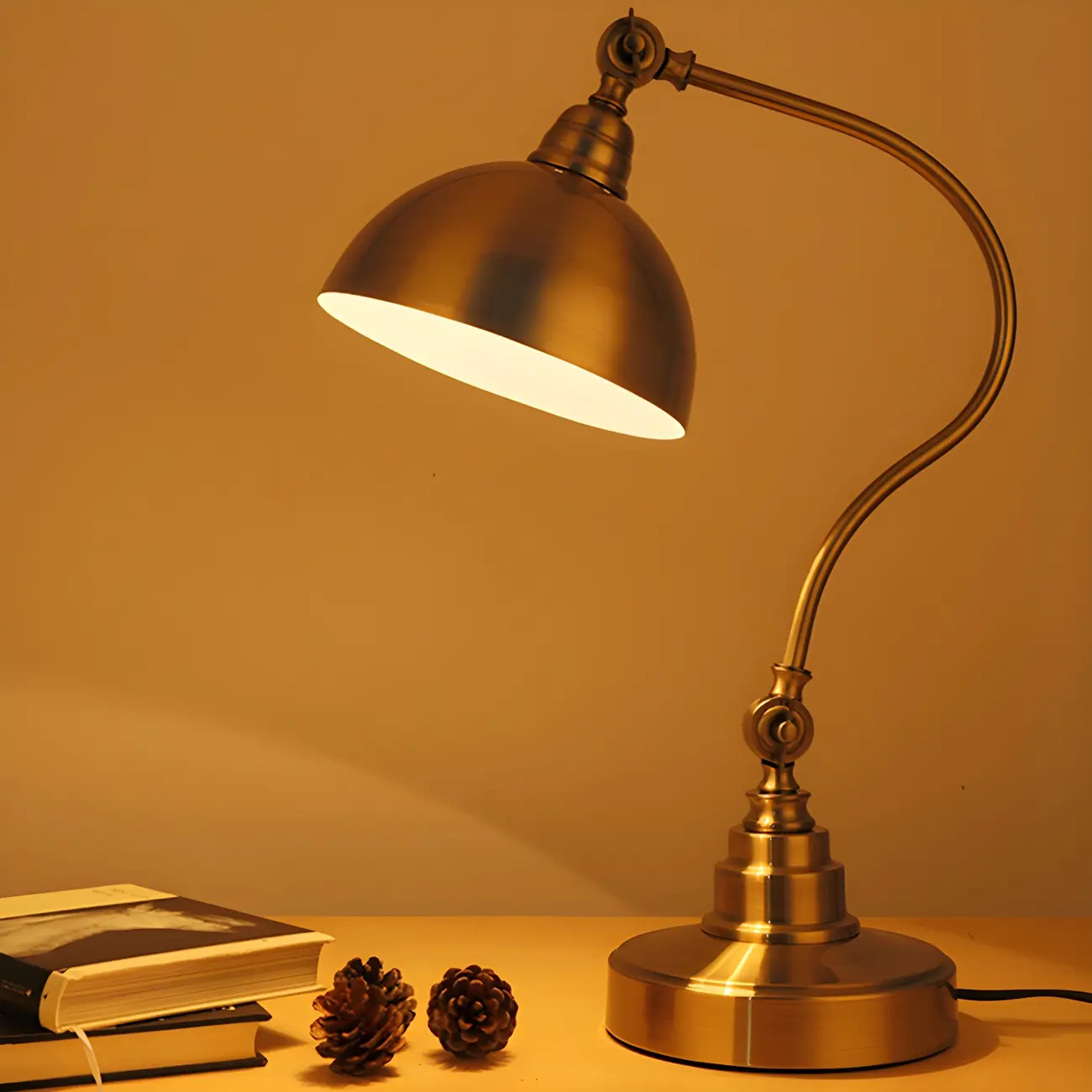 Antique Brass Arc Bowl Shade Table Lamp for Bedroom Image - 2 | homeyfad