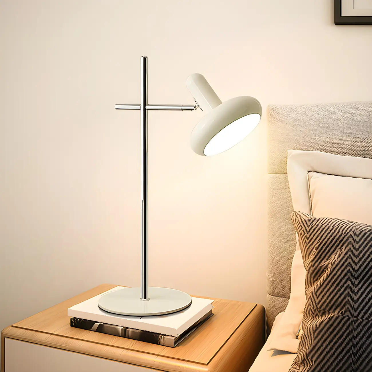 Minimalistic Geometric Off-White Metal Table Lamp for Bedroom Image - 1 | homeyfad