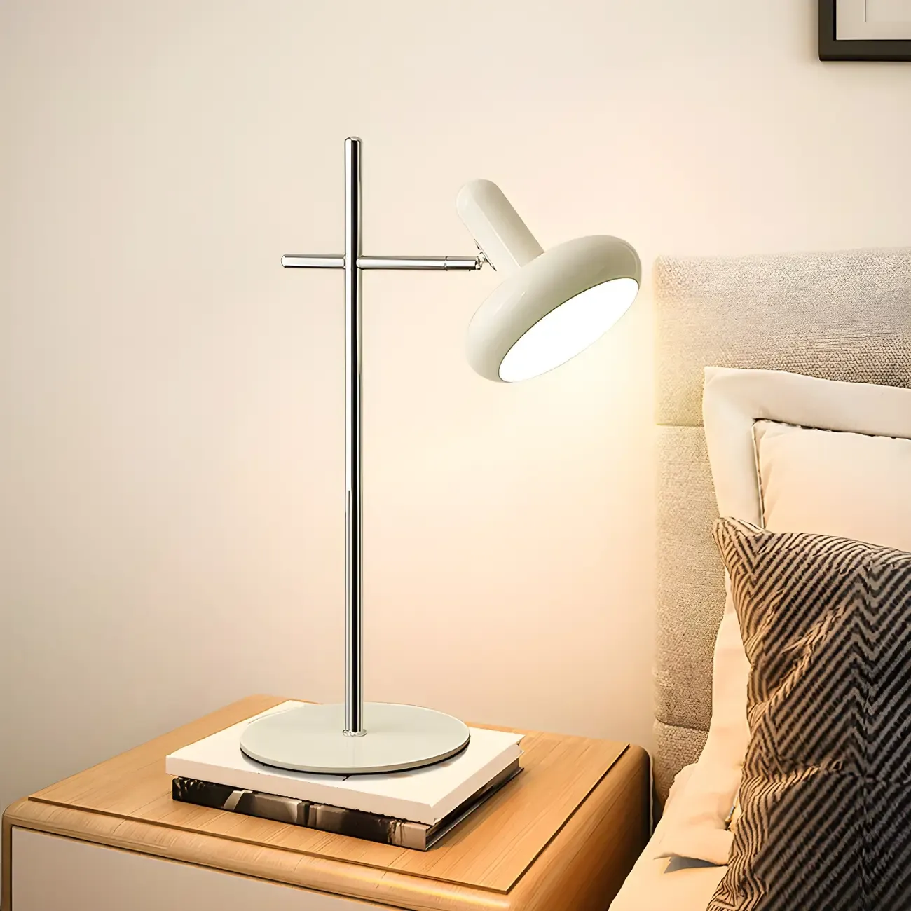 Minimalistic Geometric Off-White Metal Table Lamp for Bedroom Image - 1