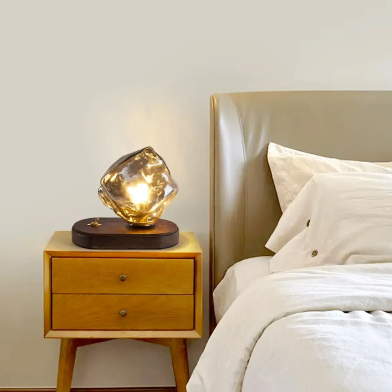 Stylish Wooden Base Glass Table Lamp Plug-In for Bedroom Image - 1