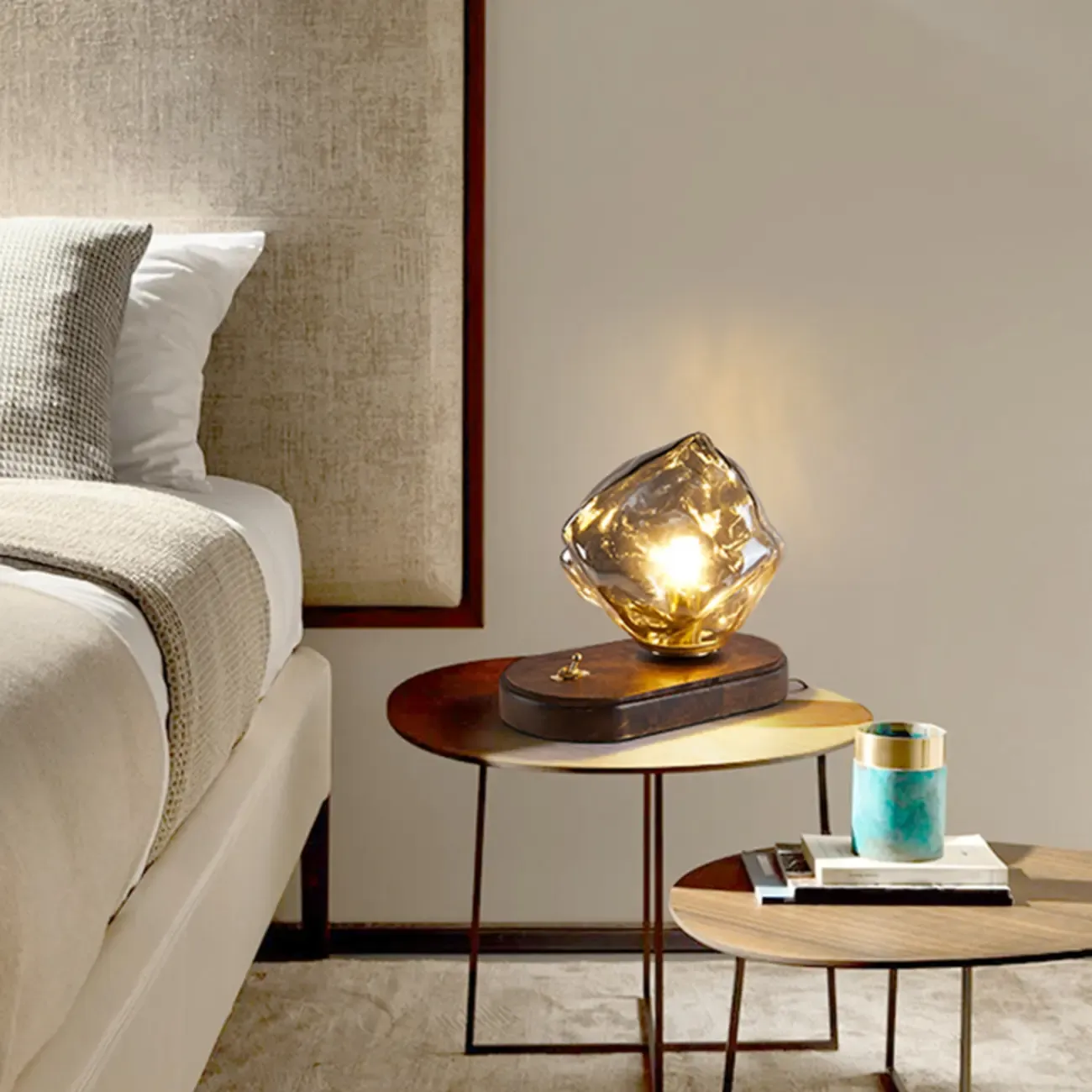 Stylish Wooden Base Glass Table Lamp Plug-In for Bedroom Image - 2