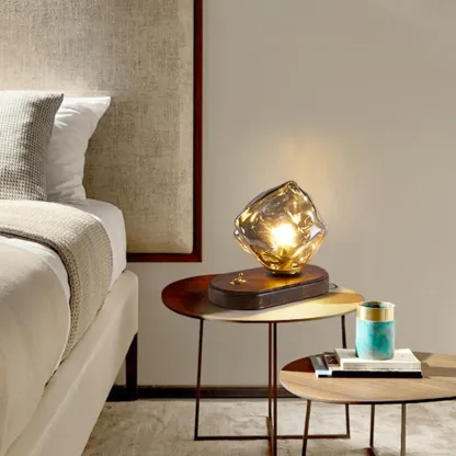 Stylish Wooden Base Glass Table Lamp Plug-In for Bedroom Image - 2