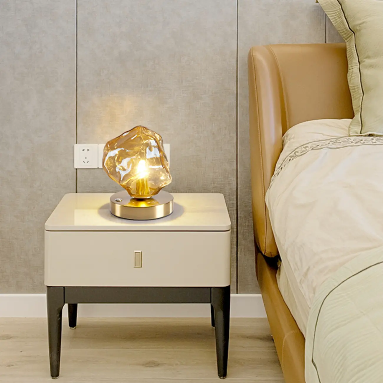 Stylish Wooden Base Glass Table Lamp Plug-In for Bedroom Image - 3 | homeyfad