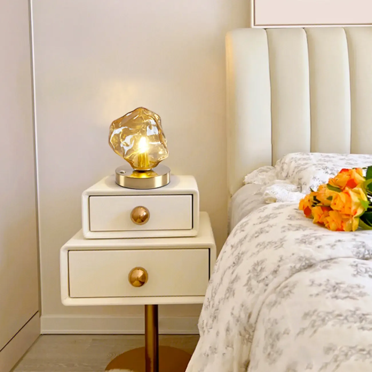 Stylish Wooden Base Glass Table Lamp Plug-In for Bedroom Image - 14