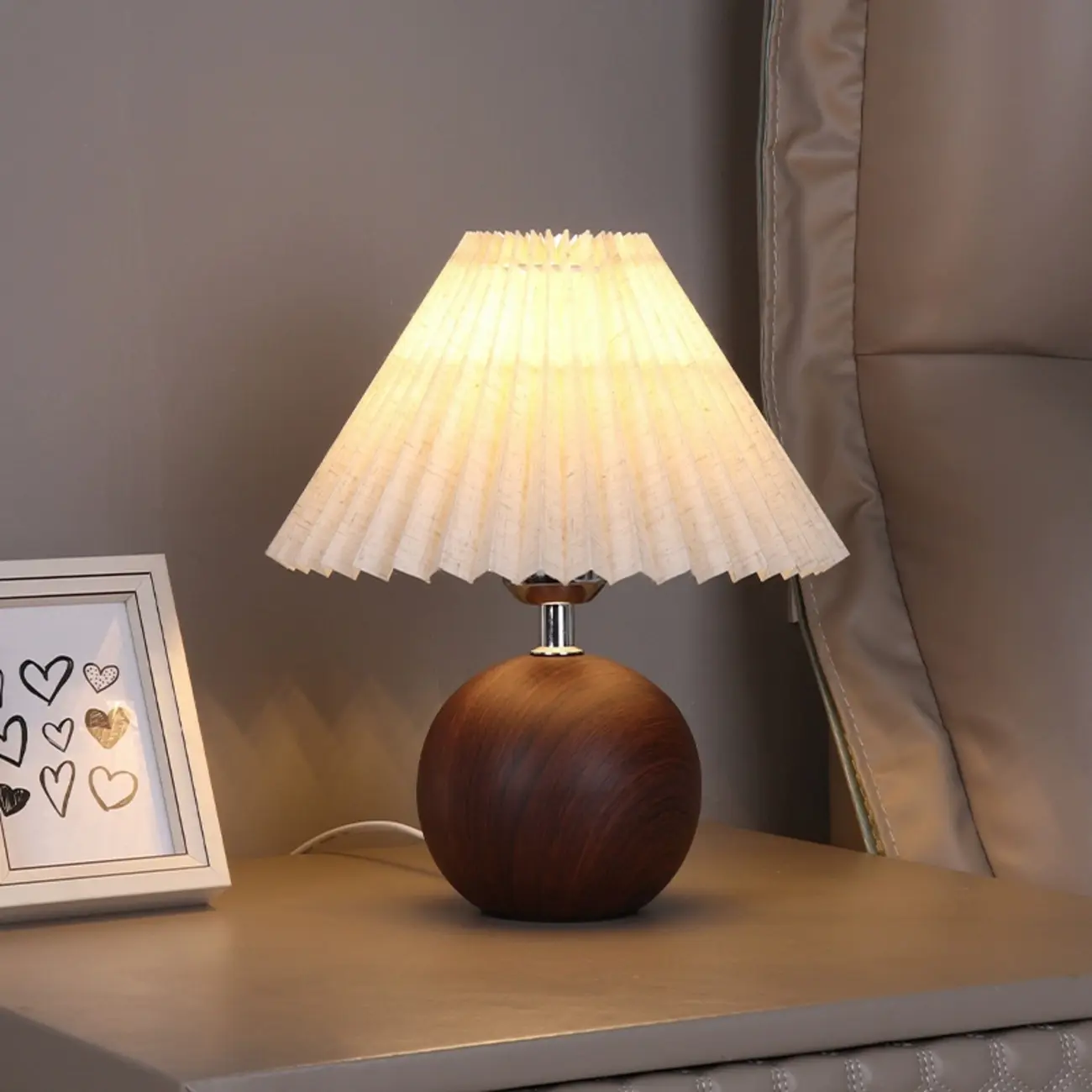 Vintage Wooden Pleated Shade Table Lamp for Bedroom Image - 1 | homeyfad